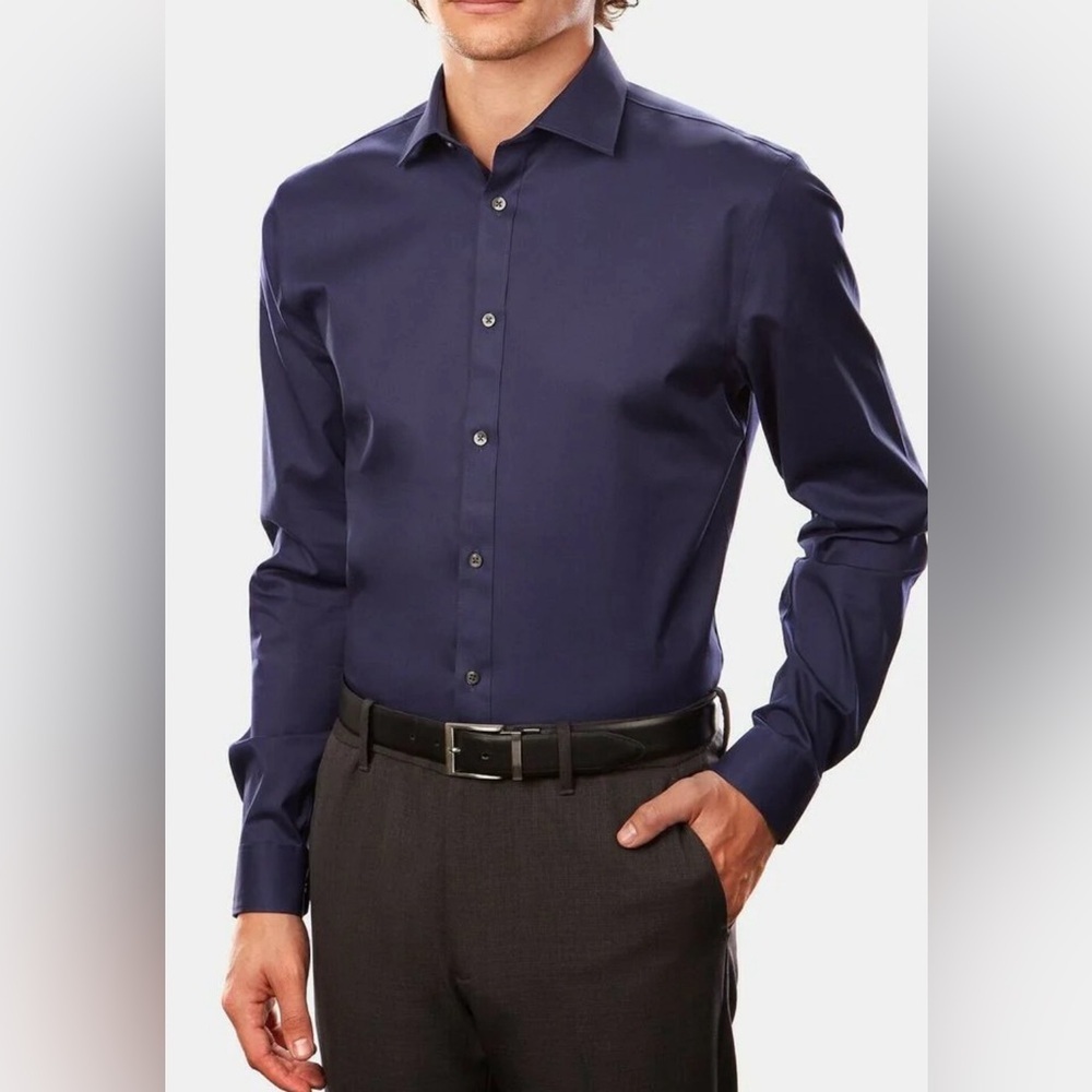 DKNY Men's Slim-Fit Stretch Solid Dress Shirt Navy Size 15.5X32/33